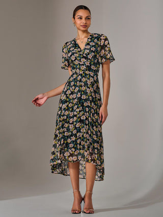 Charlotte Pleated Chiffon Midaxi Dress, Black Floral