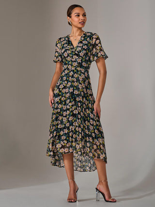 Charlotte Pleated Chiffon Midaxi Dress, Black Floral