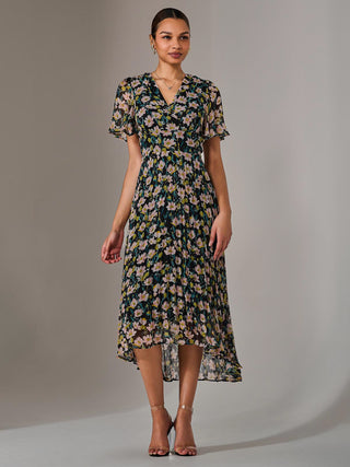 Charlotte Pleated Chiffon Midaxi Dress, Black Floral