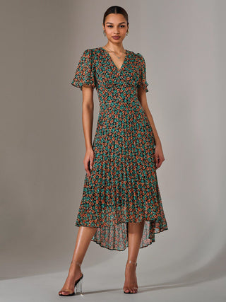 Charlotte Pleated Chiffon Midaxi Dress, Black Multi