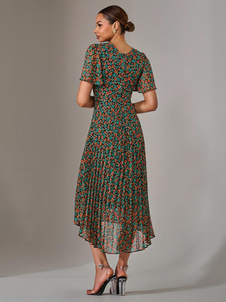 Charlotte Pleated Chiffon Midaxi Dress, Black Multi