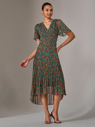 Charlotte Pleated Chiffon Midaxi Dress, Black Multi