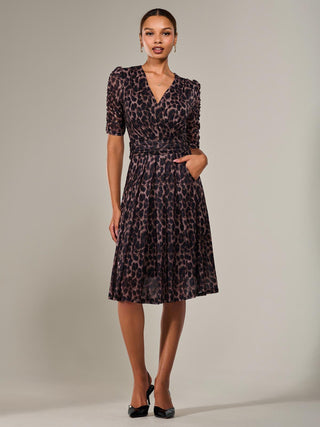 Mesh Half Sleeve Midaxi Dress , Brown Leopard