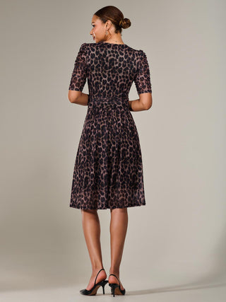Mesh Half Sleeve Midaxi Dress , Brown Leopard