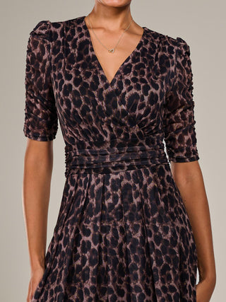 Mesh Half Sleeve Midaxi Dress , Brown Leopard