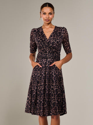 Mesh Half Sleeve Midaxi Dress , Brown Leopard