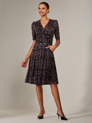 Mesh Half Sleeve Midaxi Dress , Brown Leopard