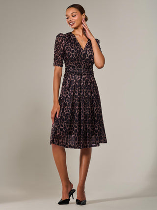 Mesh Half Sleeve Midaxi Dress , Brown Leopard