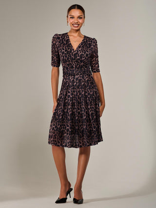 Mesh Half Sleeve Midaxi Dress , Brown Leopard