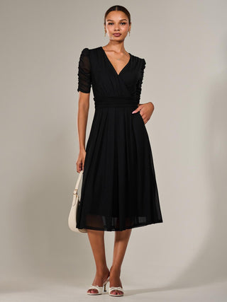 Ruched Sleeve Mesh Maxi Dress, Black