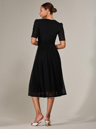 Ruched Sleeve Mesh Maxi Dress, Black