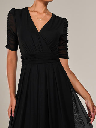 Ruched Sleeve Mesh Maxi Dress, Black