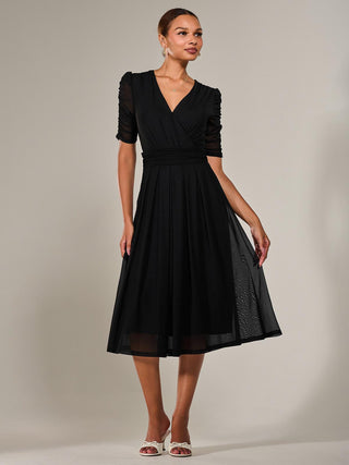 Ruched Sleeve Mesh Maxi Dress, Black