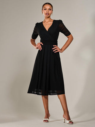 Ruched Sleeve Mesh Maxi Dress, Black