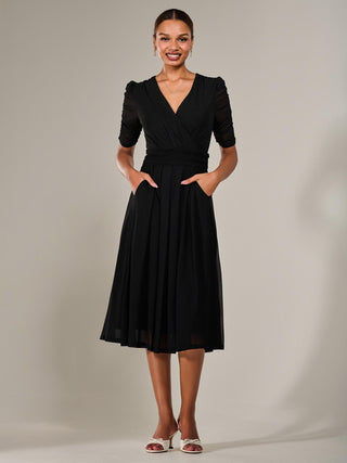Ruched Sleeve Mesh Maxi Dress, Black