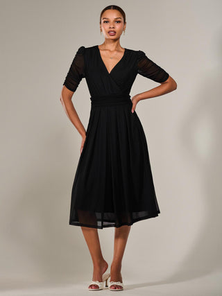 Ruched Sleeve Mesh Maxi Dress, Black