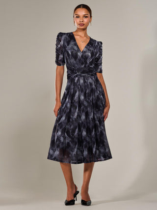 Ruched Sleeve Mesh Maxi Dress, Grey Abstract