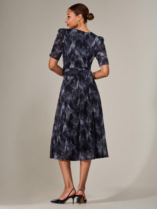 Ruched Sleeve Mesh Maxi Dress, Grey Abstract