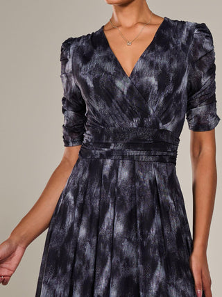 Ruched Sleeve Mesh Maxi Dress, Grey Abstract