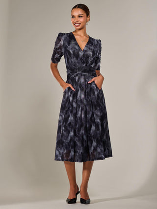 Ruched Sleeve Mesh Maxi Dress, Grey Abstract