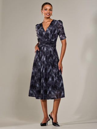 Ruched Sleeve Mesh Maxi Dress, Grey Abstract