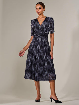 Ruched Sleeve Mesh Maxi Dress, Grey Abstract