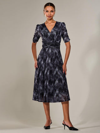 Ruched Sleeve Mesh Maxi Dress, Grey Abstract