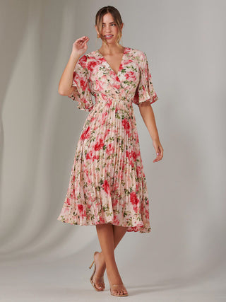 Pleated Wrap Midi Dress, Pink Floral