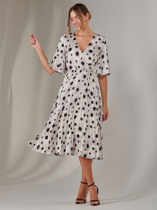 Pleated Wrap Midi Dress, White Polka Dot