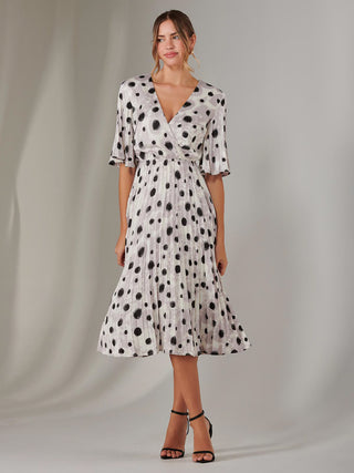 Pleated Wrap Midi Dress, White Polka Dot