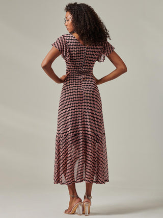 Geo Print Ruffle Hem Mesh Maxi Dress, Pink Geo