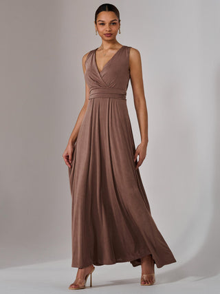 Ella Wrap Bodice Jersey Maxi Dress, Taupe