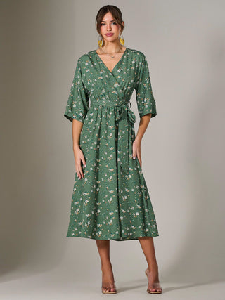 Tie Front Half Sleeve Midi Dress, Green Floral