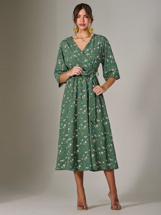 Tie Front Half Sleeve Midi Dress, Green Floral
