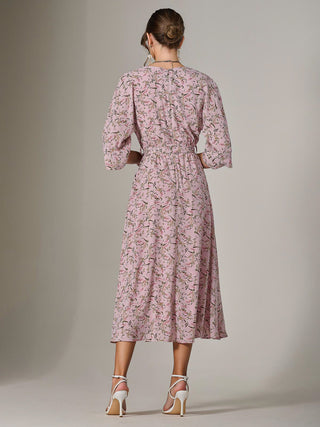Tie Front Half Sleeve Midi Dress, Pink Floral