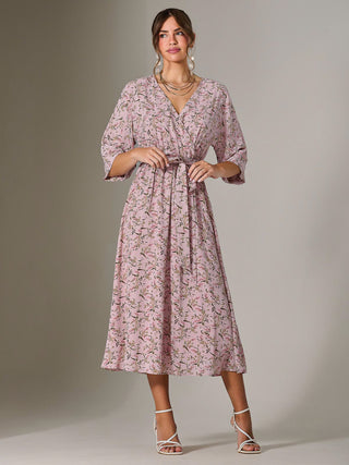 Tie Front Half Sleeve Midi Dress, Pink Floral