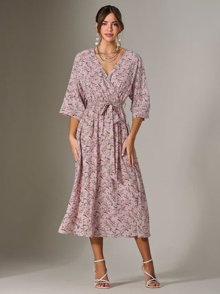 Tie Front Half Sleeve Midi Dress, Pink Floral