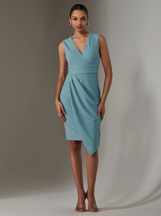 Sleeveless Wrap Front Midi Dress, Duck Egg Blue