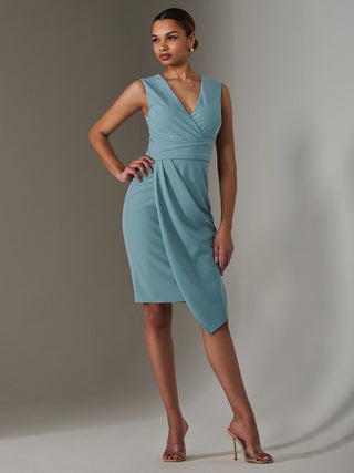 Sleeveless Wrap Front Midi Dress, Duck Egg Blue