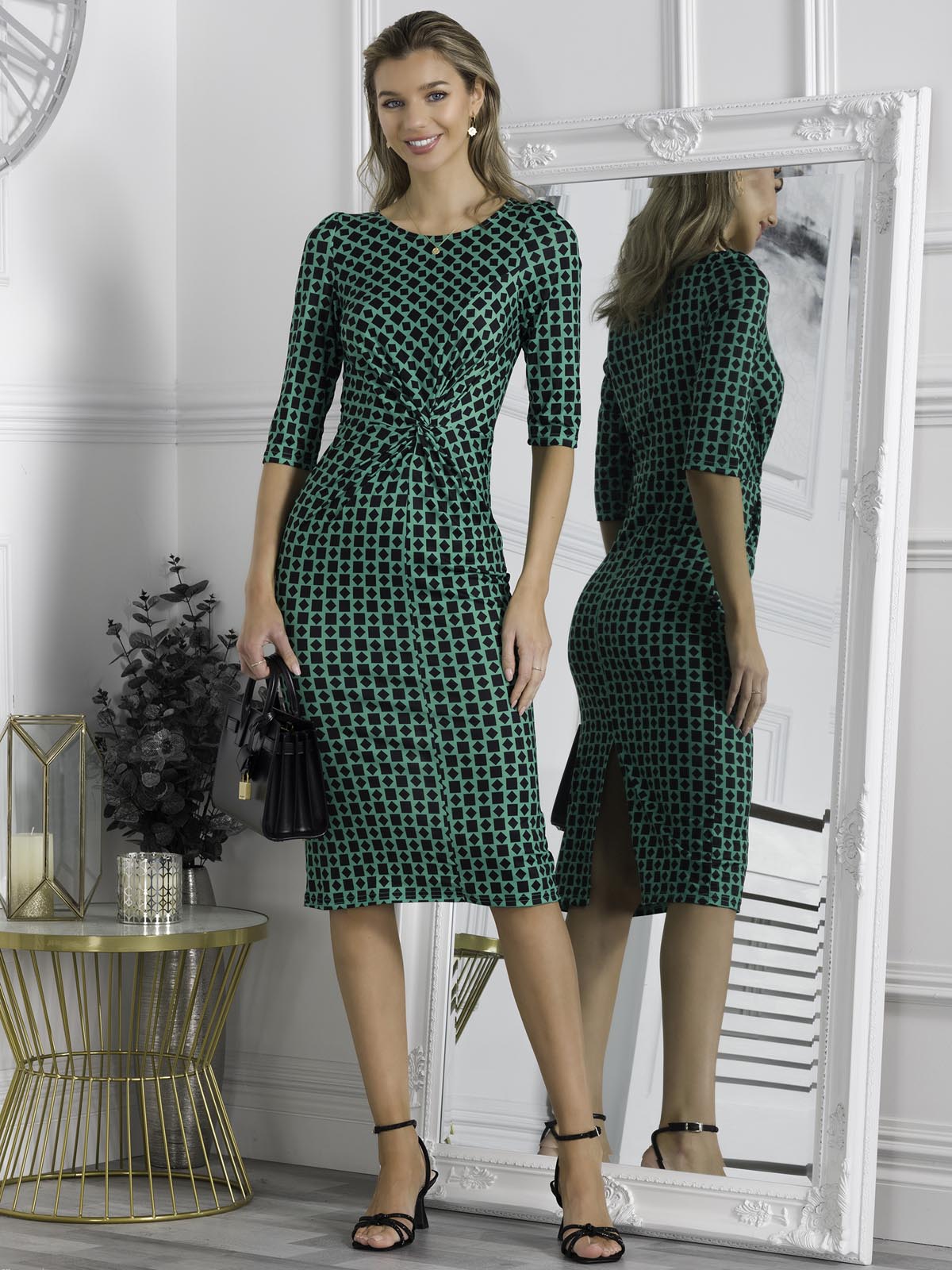 Qyara Jersey Twist Bodycon Midi Dress, Green Geo
