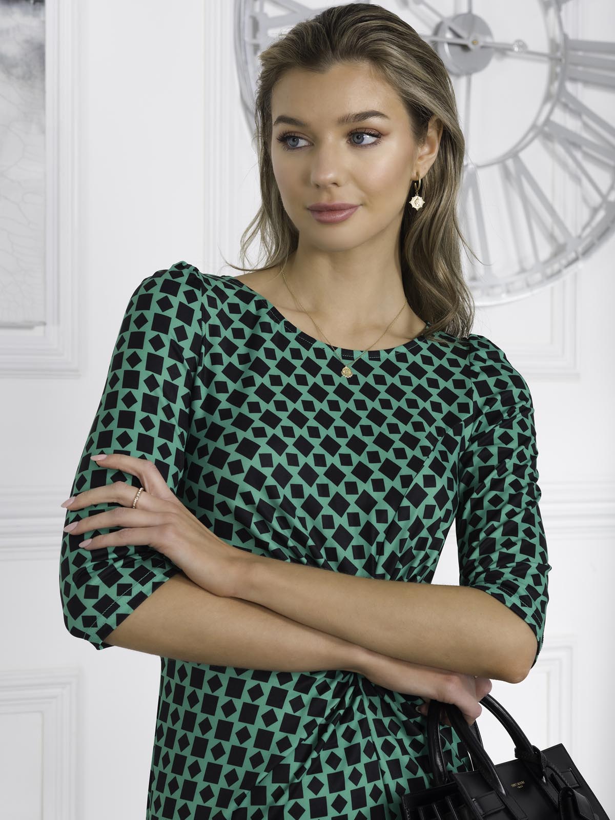 Qyara Jersey Twist Bodycon Midi Dress, Green Geo