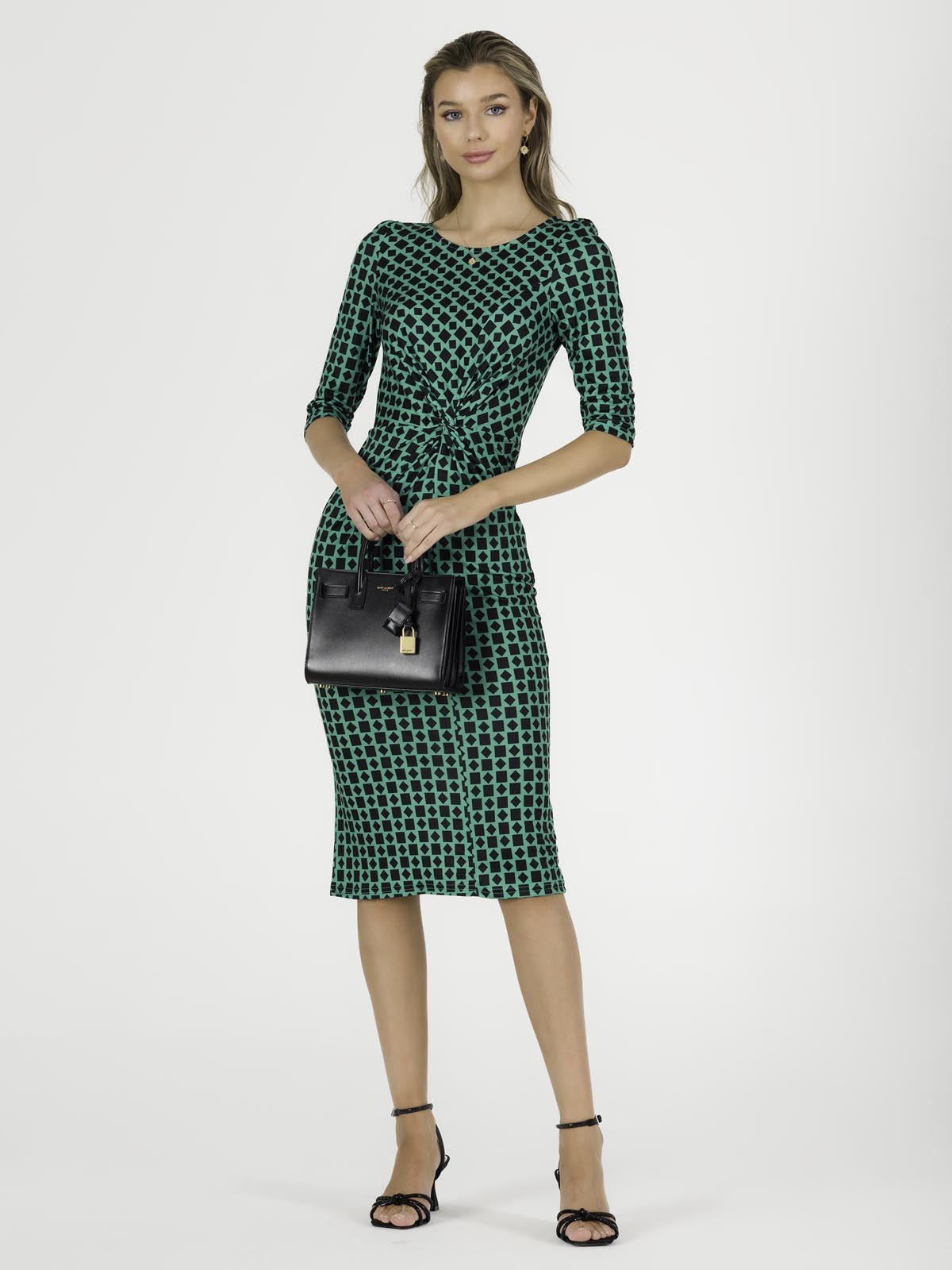 Qyara Jersey Twist Bodycon Midi Dress, Green Geo