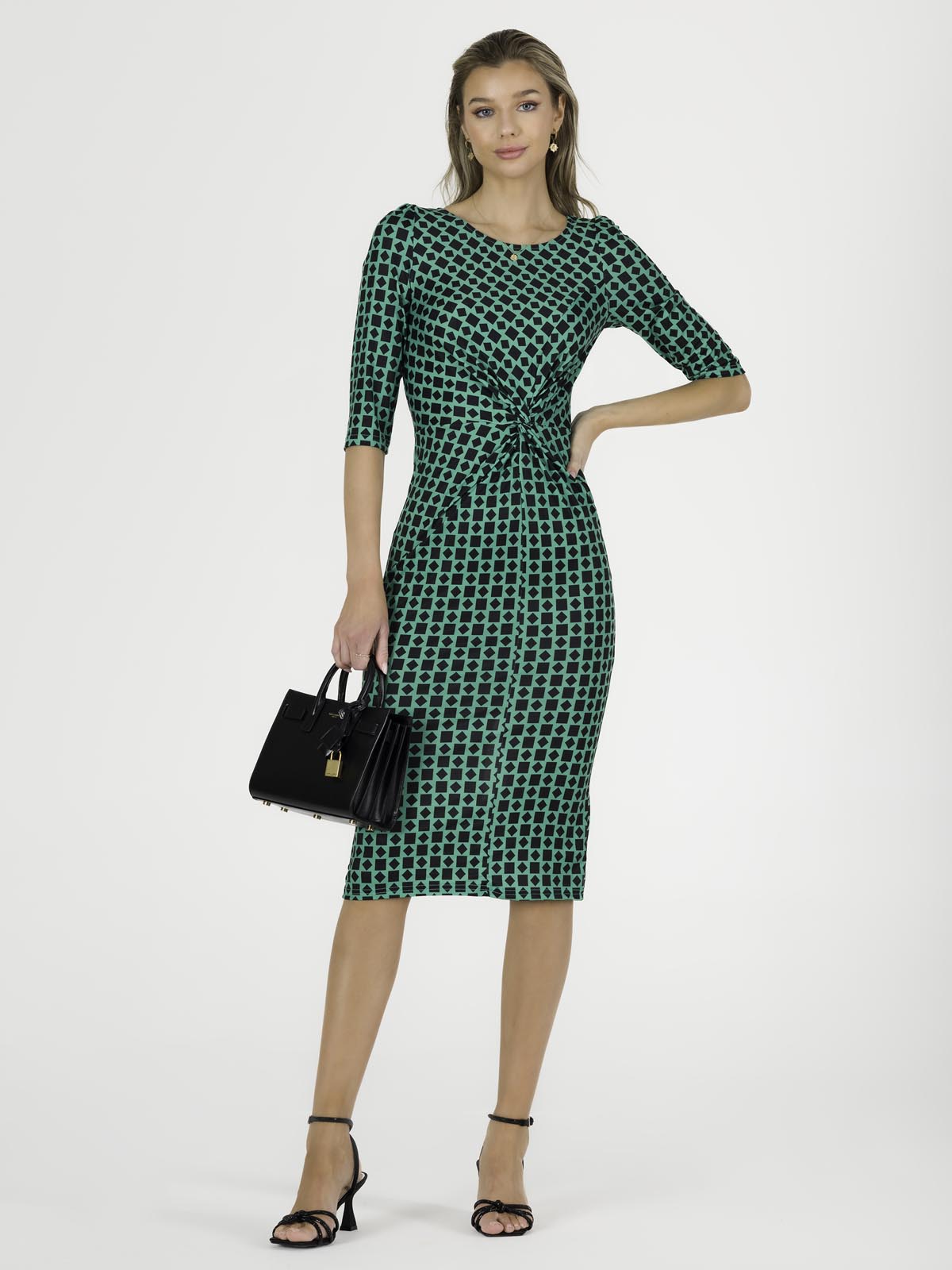 Qyara Jersey Twist Bodycon Midi Dress, Green Geo