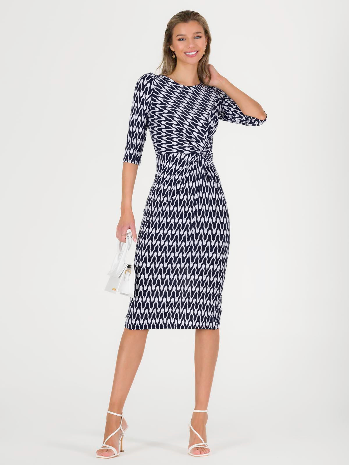 Qyara Jersey Twist Bodycon Midi Dress, Navy Geo