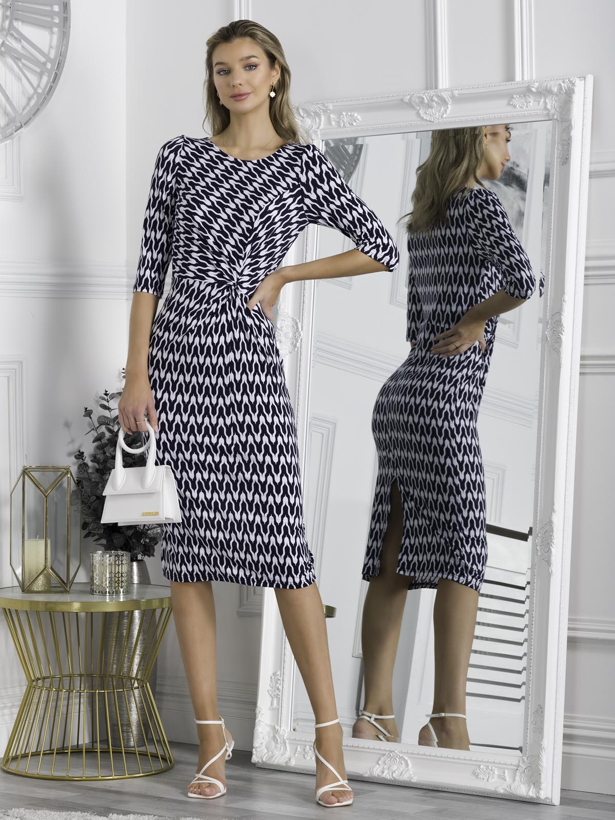 Qyara Jersey Twist Bodycon Midi Dress, Navy Geo