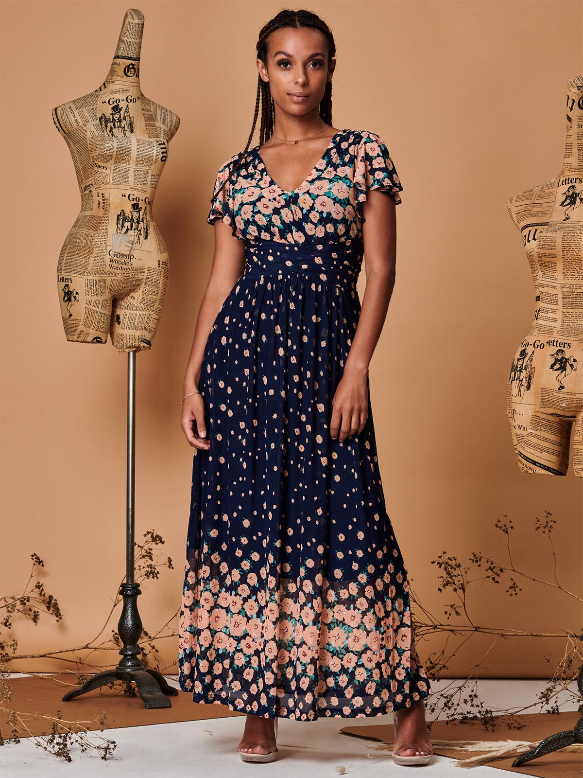 Mirrored Floral Print Mesh Maxi Dress, Navy Multi