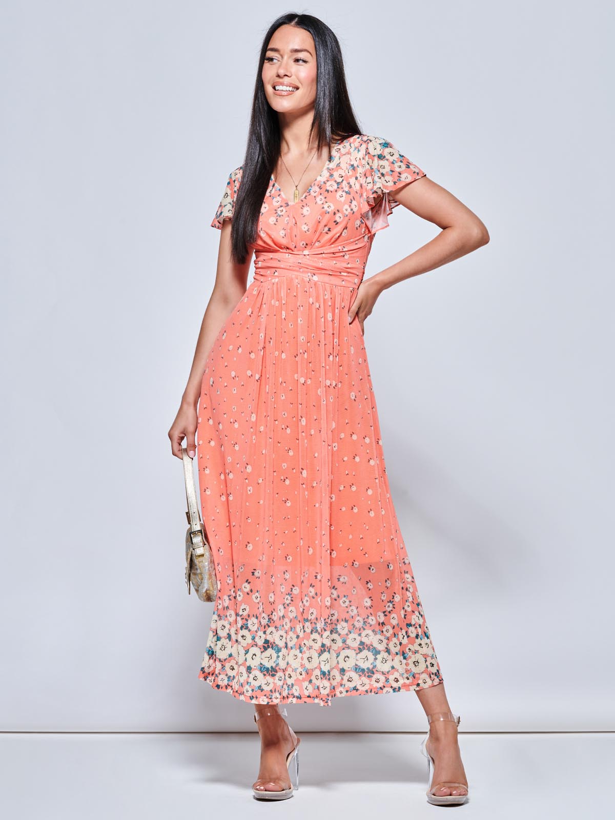 Mirrored Floral Print Mesh Maxi Dress, Orange Multi