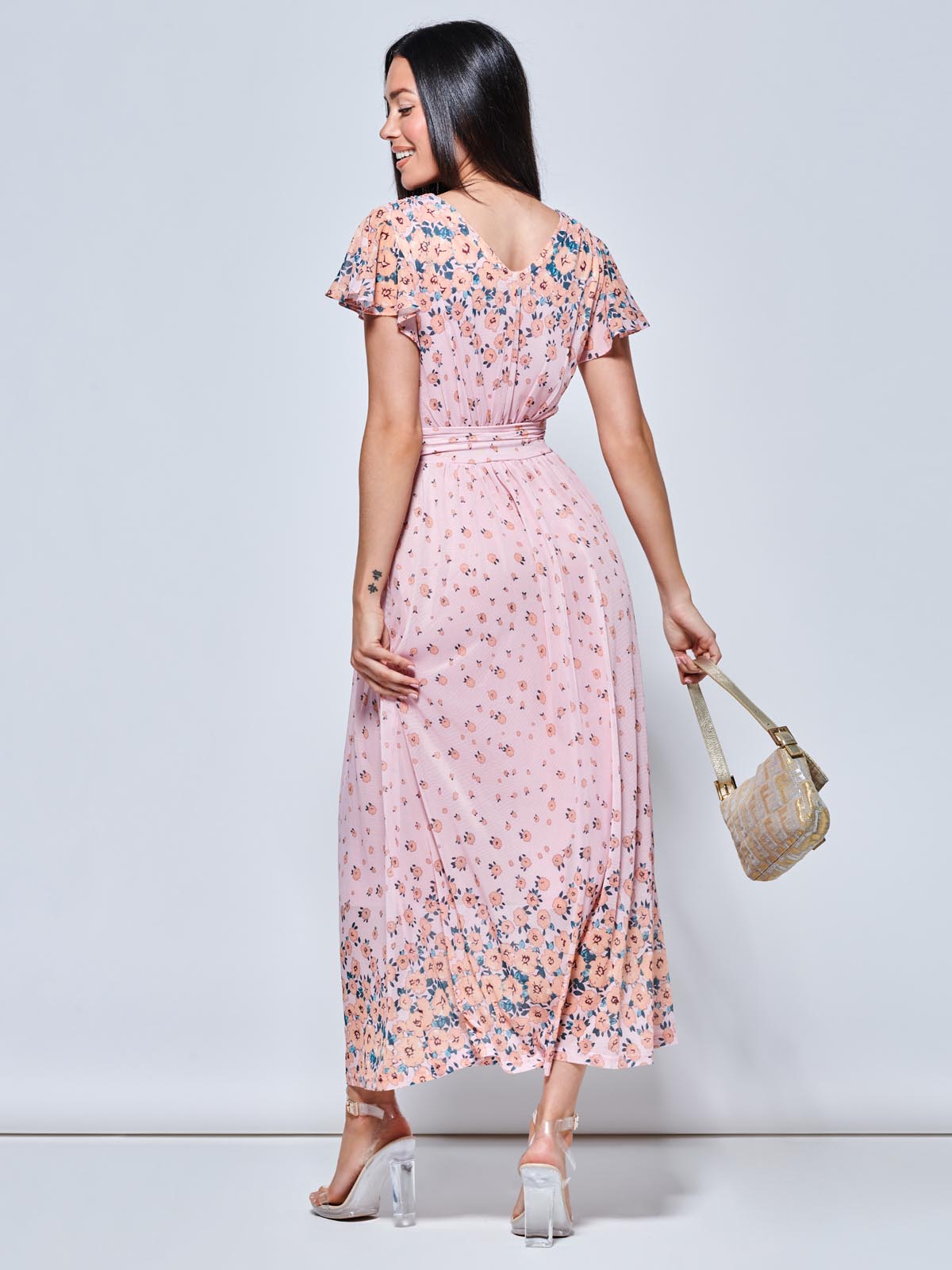 Mirrored Floral Print Mesh Maxi Dress, Pink Multi