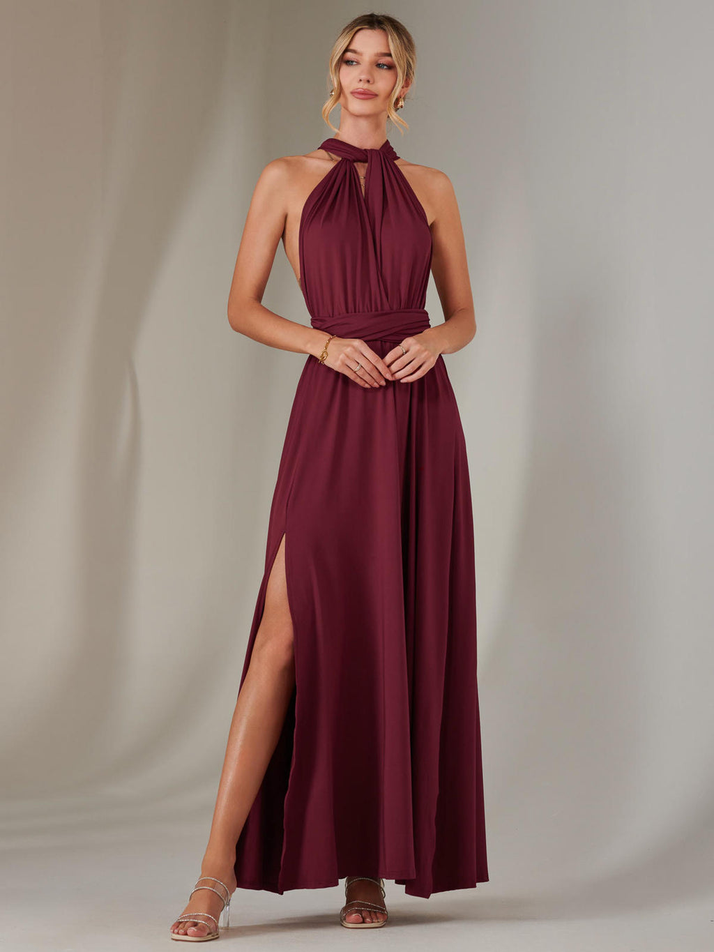 slim fit dress slacks Halter Neck Maxi Bridesmaid Dress, Burgundy – Jolie Moi Wholesale
