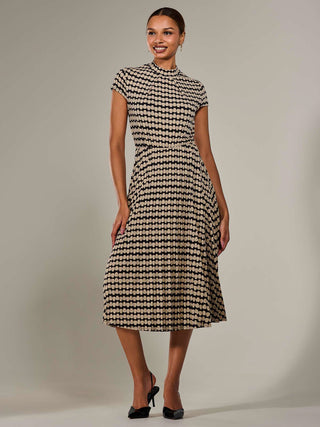 Jersey Capped Sleeve Pleated Midi Dress, Beige Geo